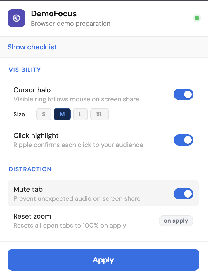 DemoFocus extension panel showing cursor halo, click highlight, mute tab, and reset zoom controls