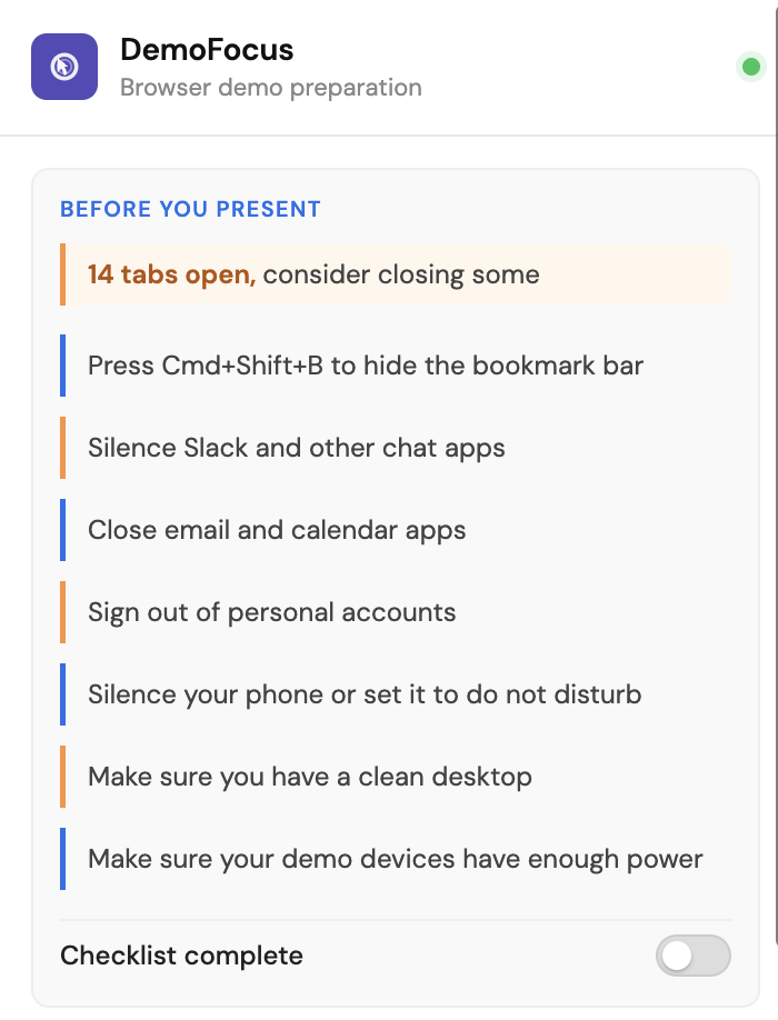 DemoFocus checklist panel showing pre-demo preparation items